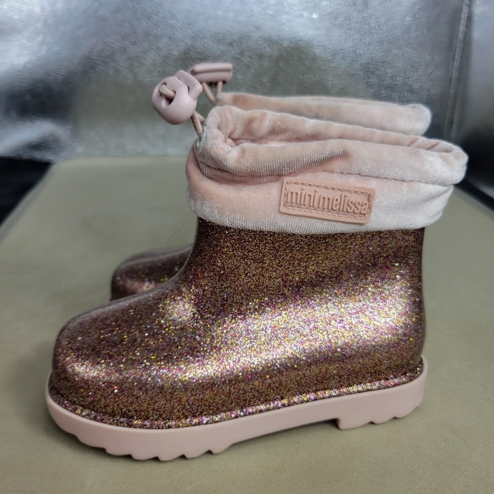 Mini Melissa Boots Girls Size 9 Sparkle Pink Pull On Comfort Stretch Rain Shoes